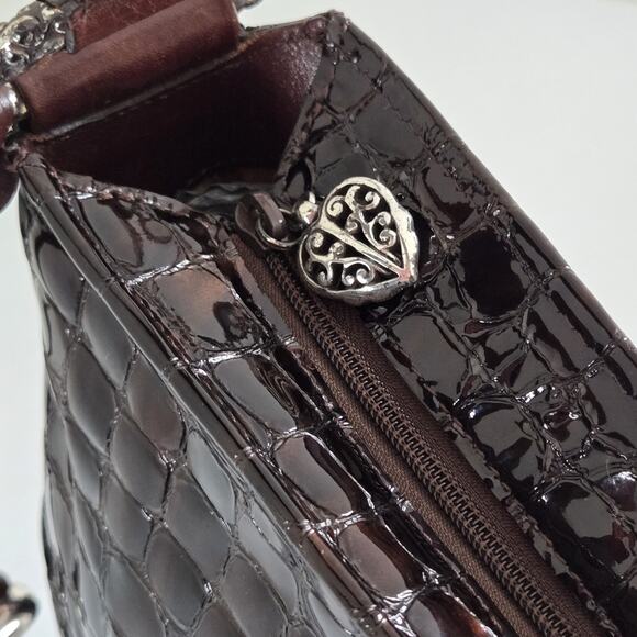 Brighton Shoulder Bag Dark Brown Patent Leather Croc Embossed Classic Purse 12" - Picture 8 of 16
